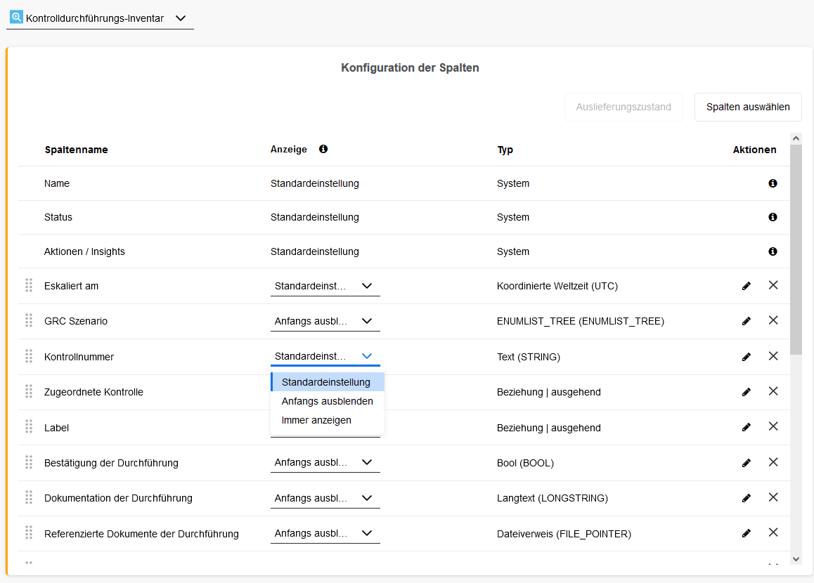 Dashboard Konfiguration