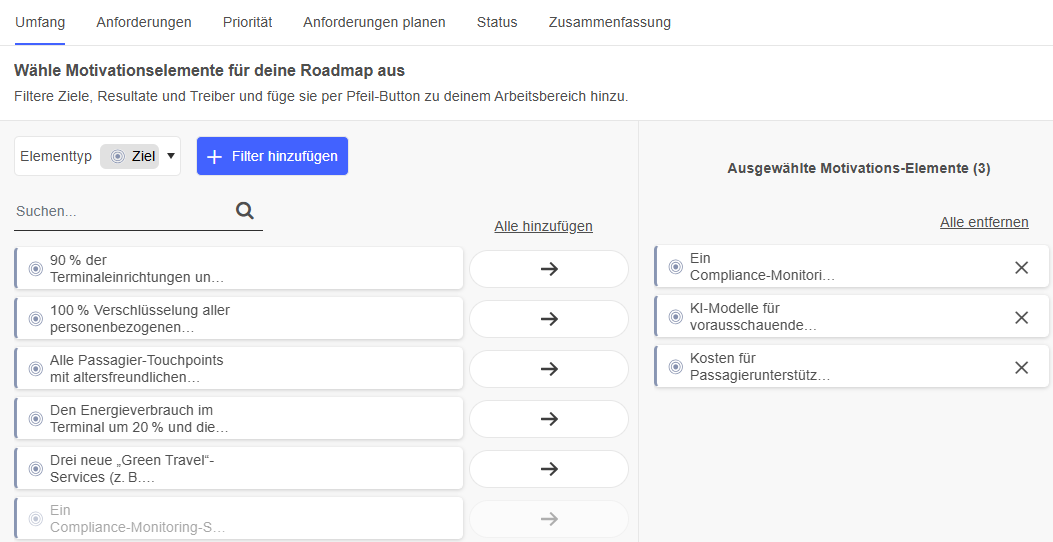  Motivationselemente für Roadmap auswählen