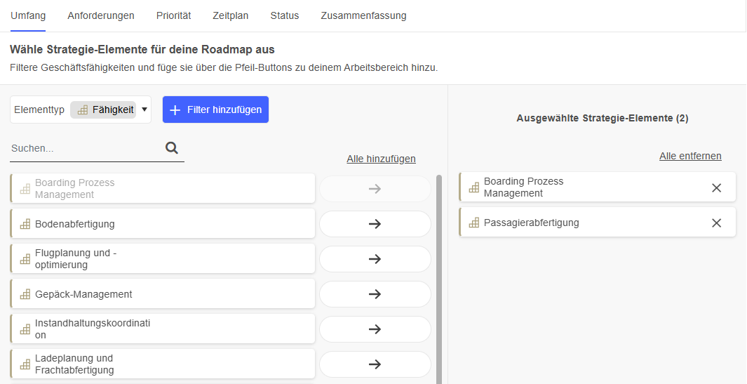  Strategie-Elemente für Roadmap auswählen