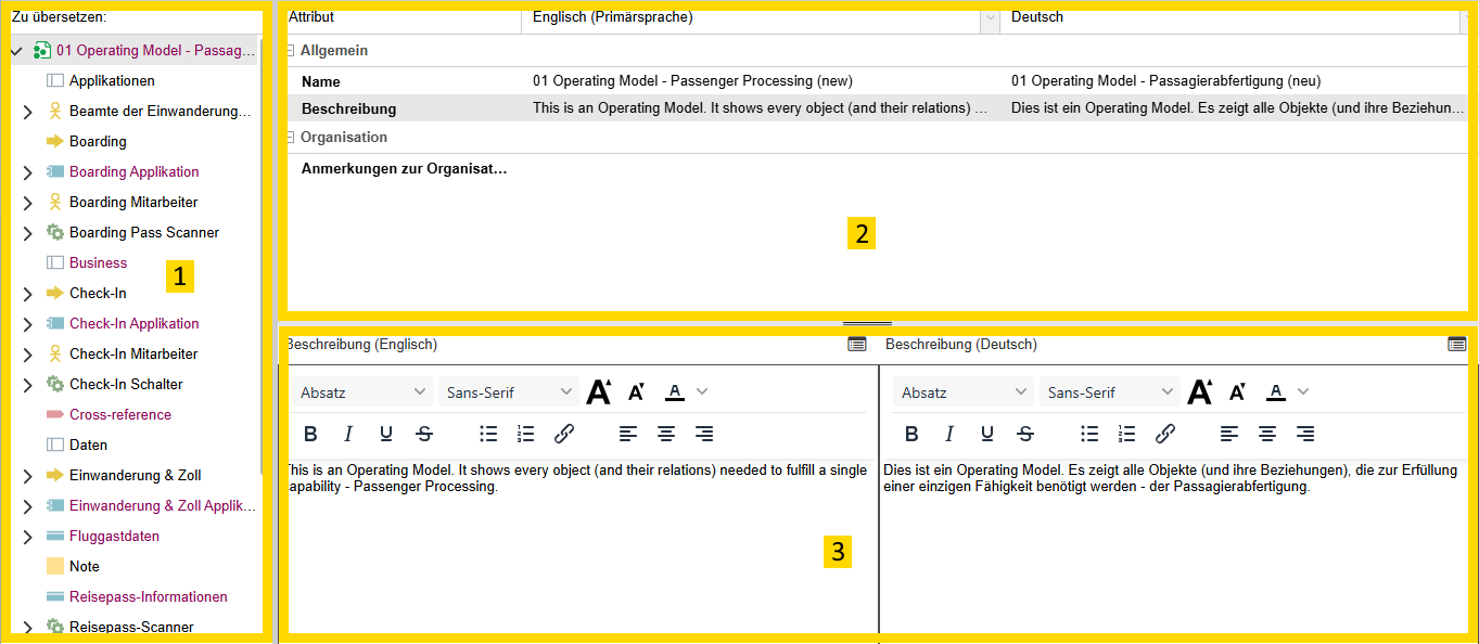 Beispiel: Übersetzung mehrerer Modelle im Übersetzungseditor