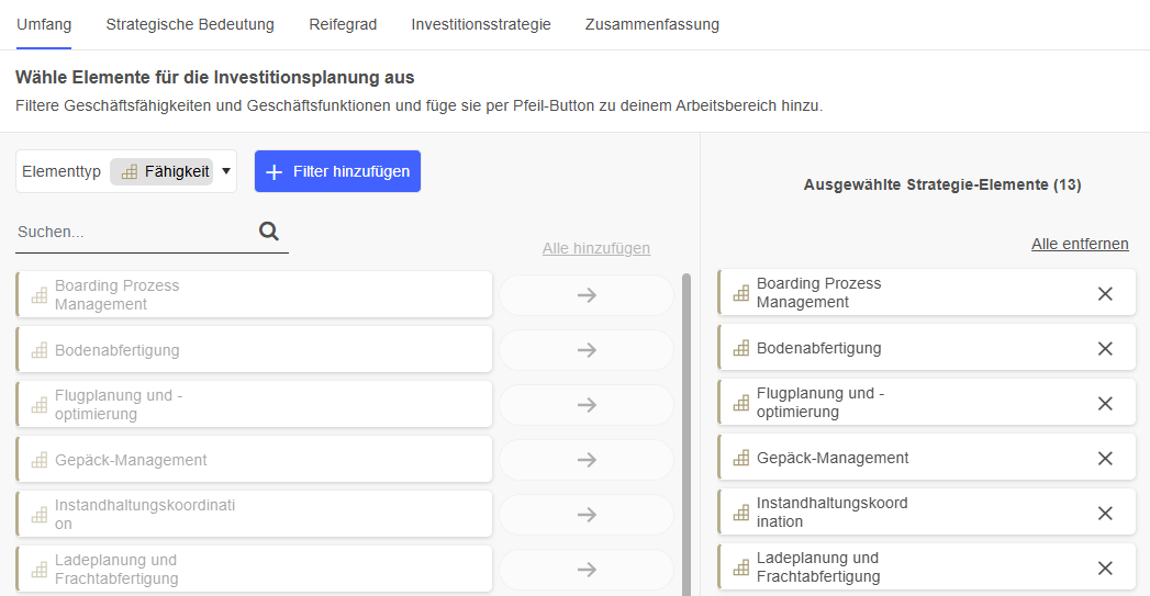  Elemente für die Investitionsplanung auswählen