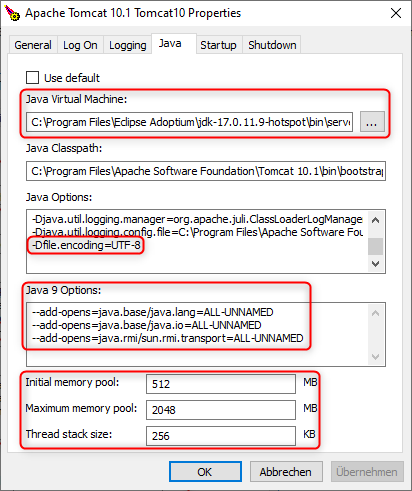 Apache Tomcat Einstellungen
