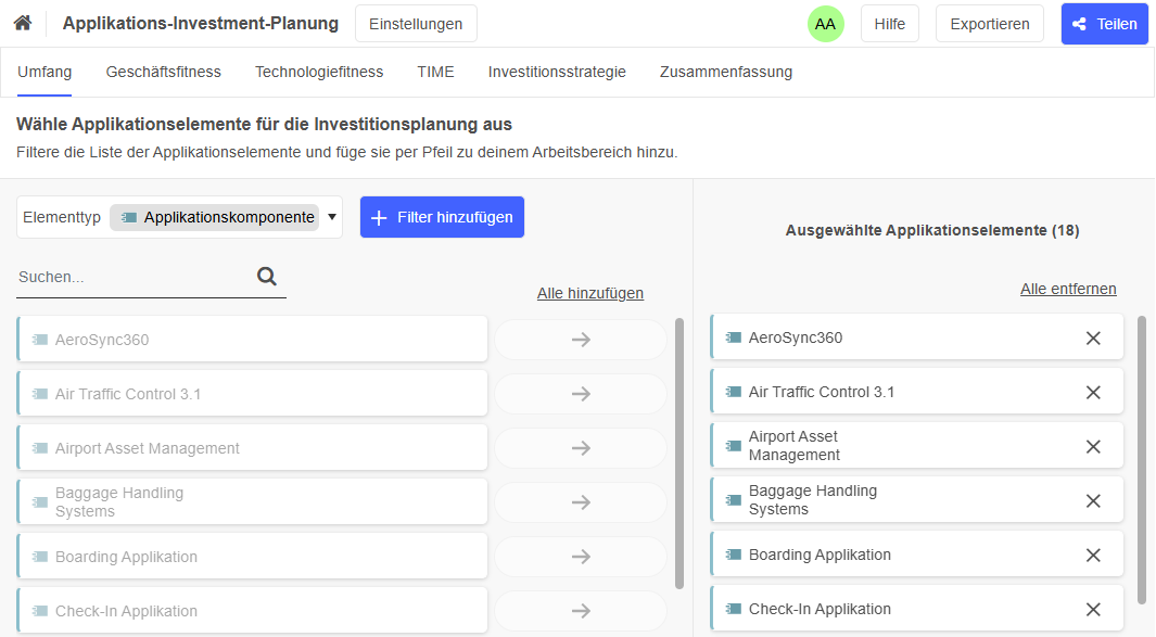  Elemente für die Investitionsplanung auswählen