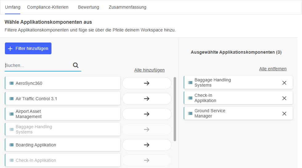  Applikationskomponenten für Konformitätsbewertung auswählen