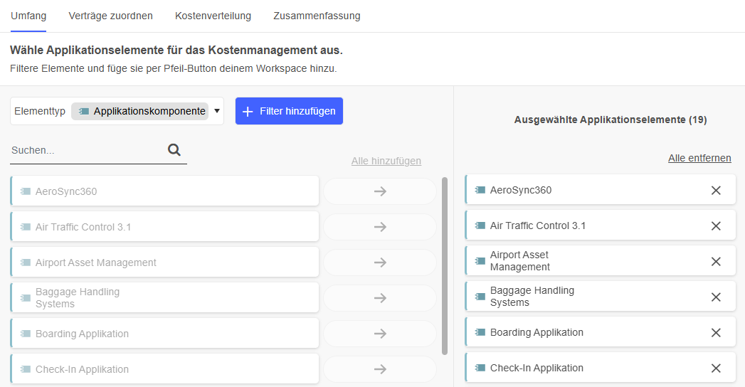  Applikationselemente für Kostenbetrachtung auswählen