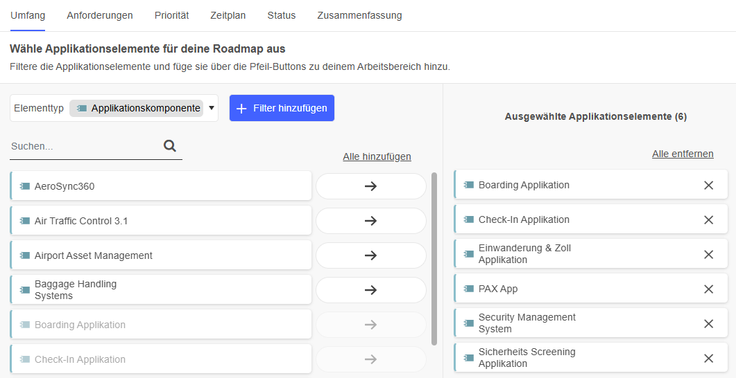  Applikationselemente für Roadmap auswählen
