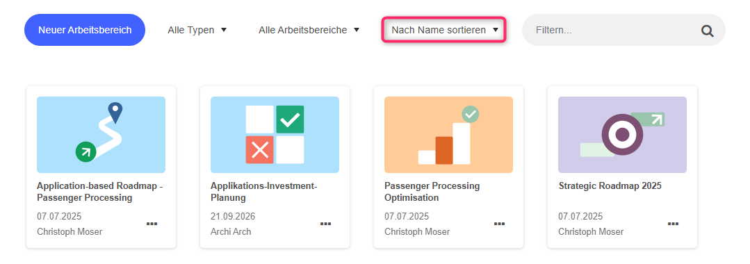 Arbeitsbereiche sortieren