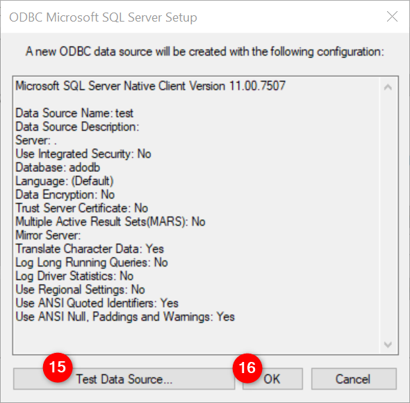 Image shows the ODBC connection wizard, step 5