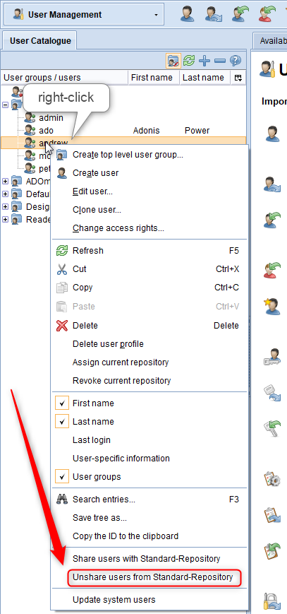Image shows how to unshare user from repository