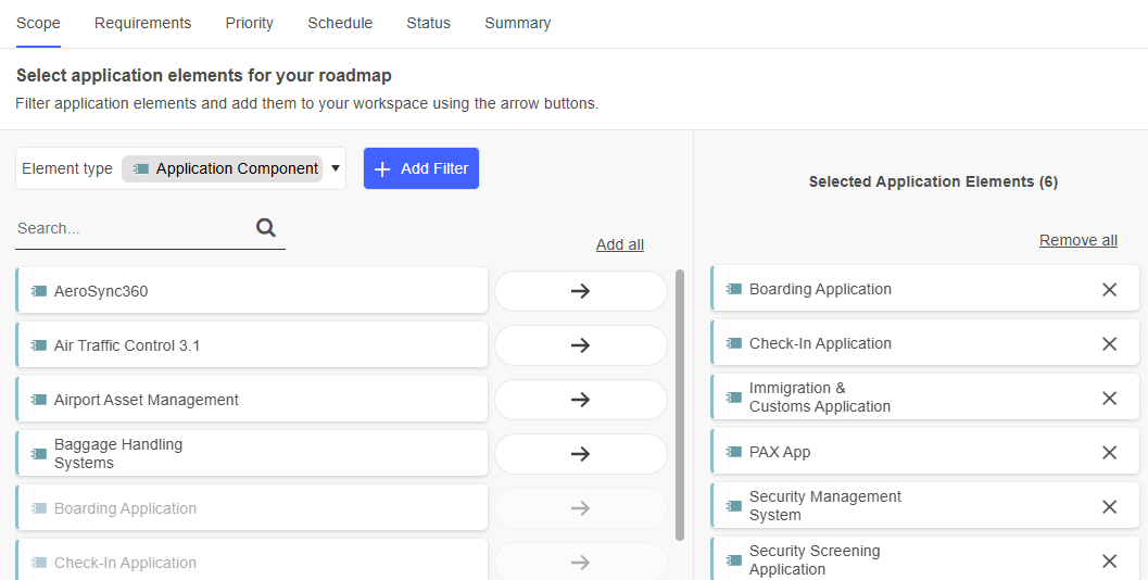  Select Application Elements for Roadmap
