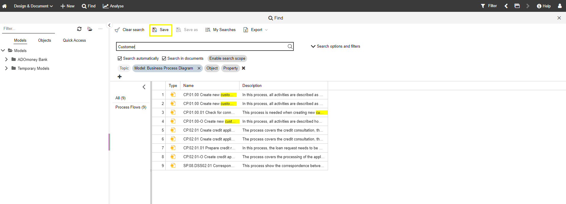 Results of executed query in ADONIS NP &quot;Find&quot; use case