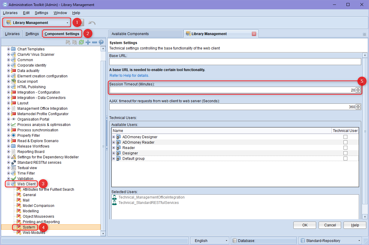 Illustration shows the administration toolkit and the path to the session timeout setting: Library Administration -&gt; Component Settings -&gt; Web Client -&gt; System -&gt; Session timeout (minutes)