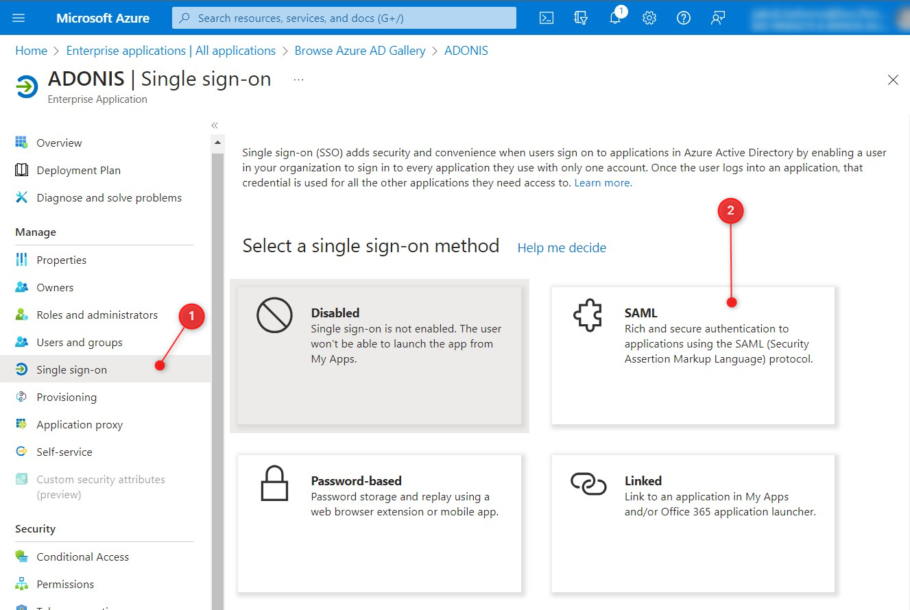 Click on Single-Sign On on the left and then on SAML on the right