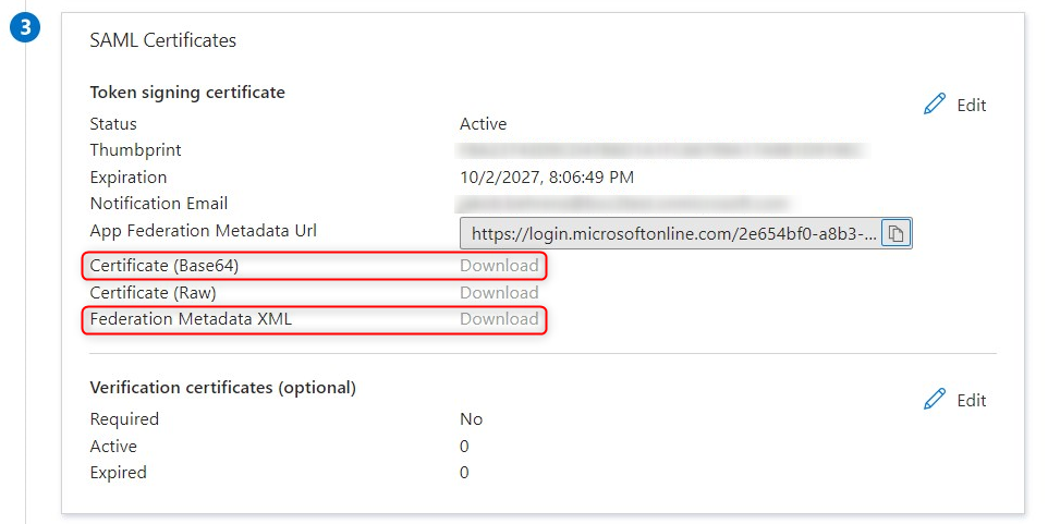 Click on &quot;Download&quot; at Certificate (Base64) and Metadata XML