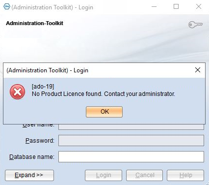 Illustration shows &quot;[ado-19] No suitable product license was found. Contact your [BOC Product] expert