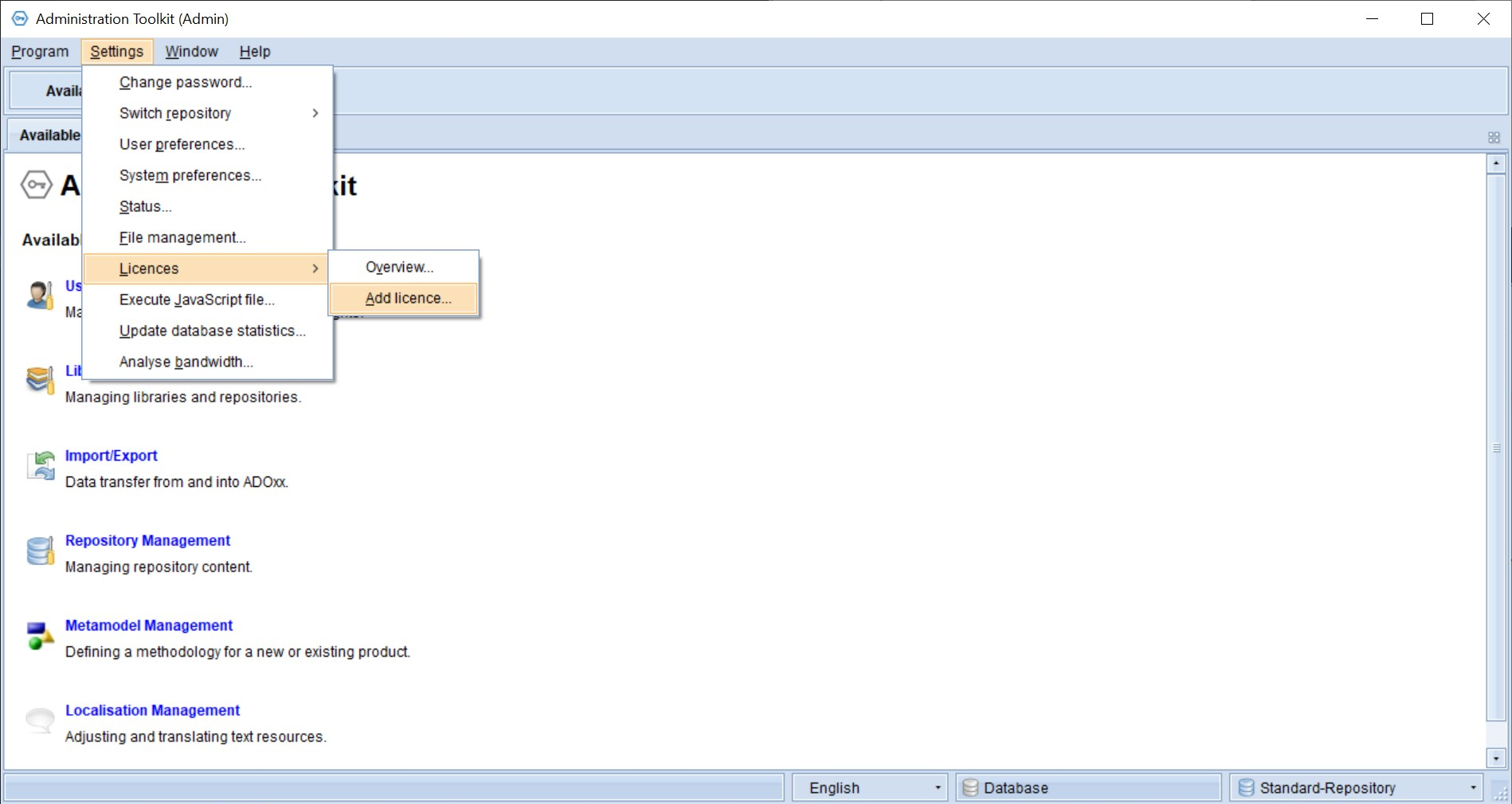 Click in the toolbar of the Administration Toolkit on &quot;Tools&quot;, then &quot;Licenses&quot;, then &quot;Add license&quot;