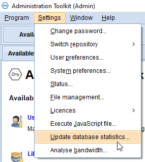 Figure shows the menu item &quot;Update database statistics&quot;