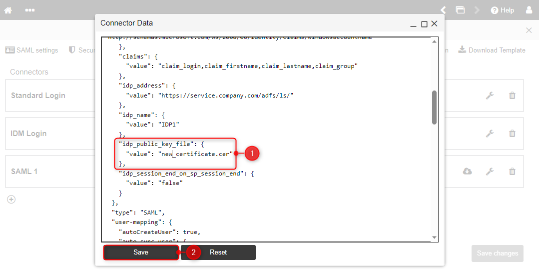 The image shows the connector data where the certificate name needs to be adapted