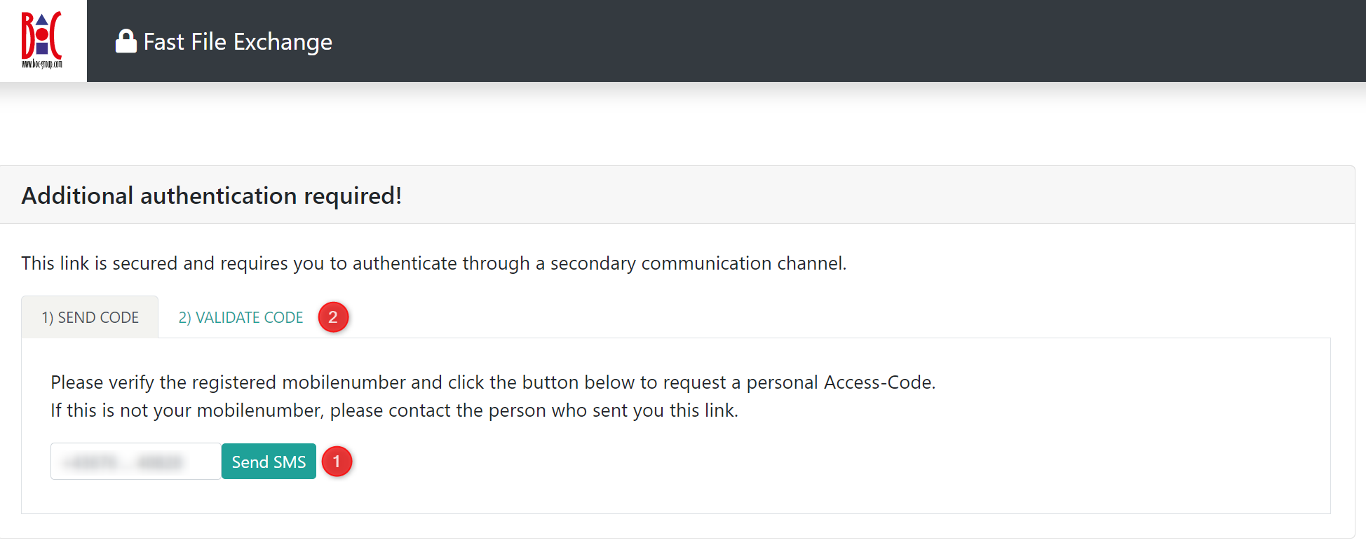 Image shows aFFE mask, and the position of the Send SMS and Validate Code buttons