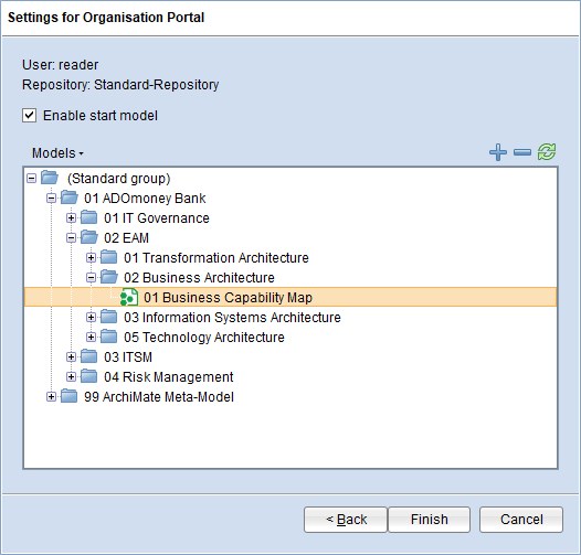 Organisation Portal and Explore &amp; Contribute: configure start model