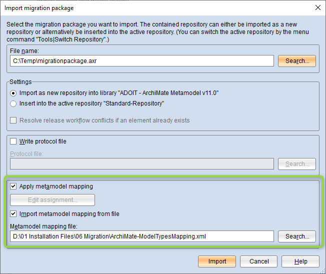 Import migration package with metamodel mapping file