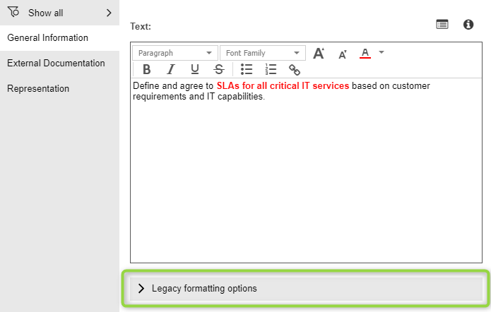 Legacy formatting options