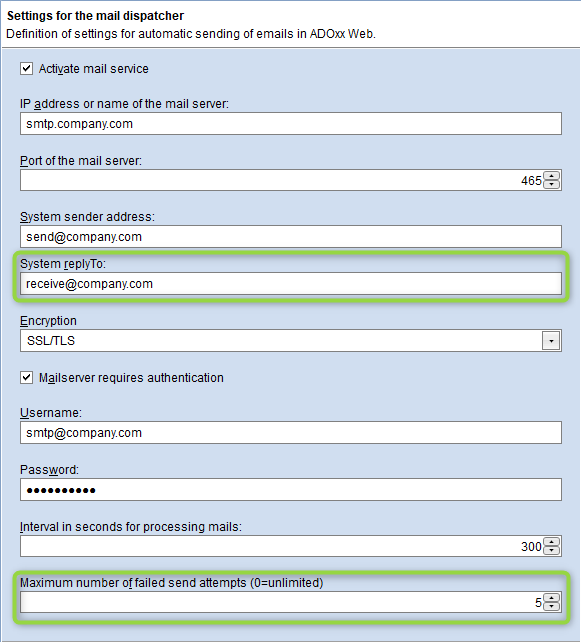 Settings for the mail dispatcher