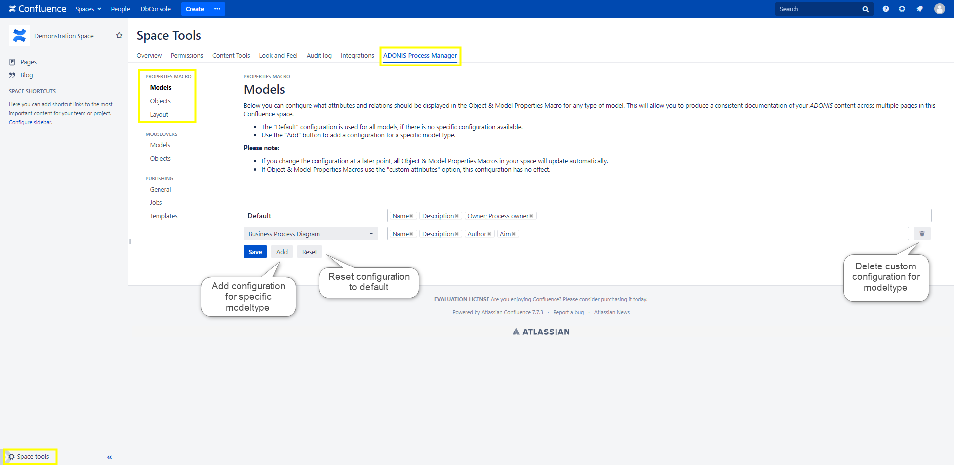 ADONIS Object &amp; Model Properties macro configuration in the Confluence space tools