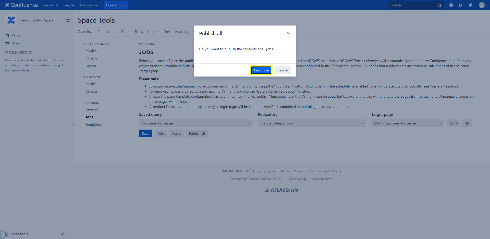 Automatic Publishing Jobs configuration - Publish Confluence pages confirmation dialog