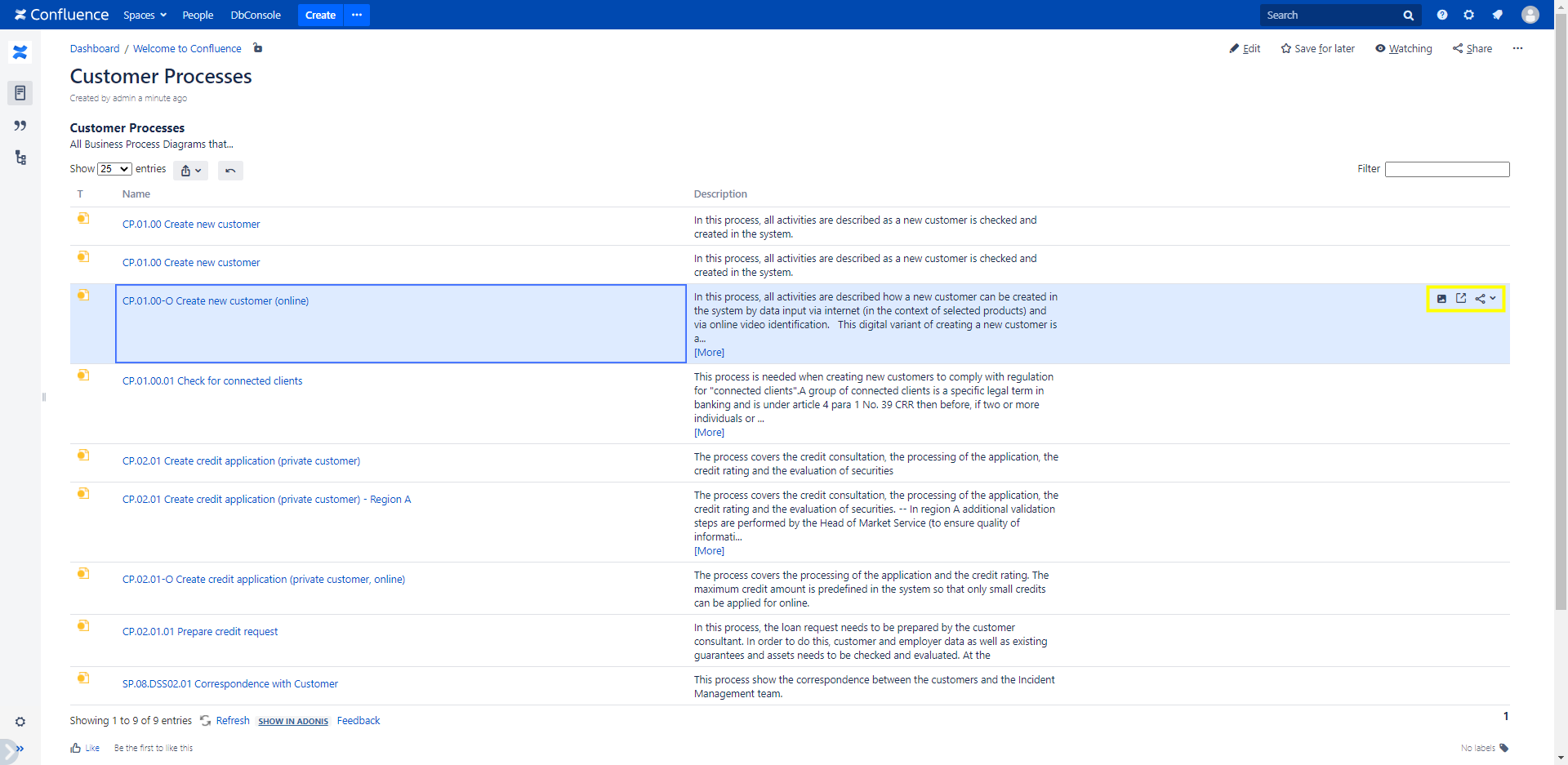 ADONIS Query Table macro options for a single search result (model image preview, open in ADONIS / ADOIT, share)