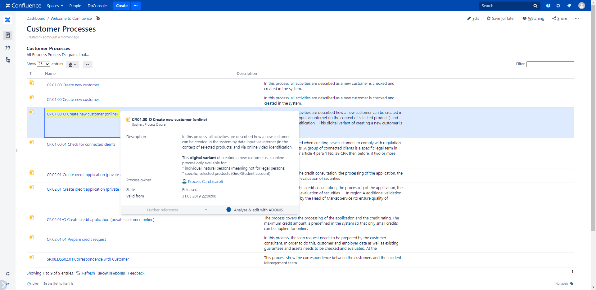 ADONIS Query Table macro tooltip for an object or model displayed on click