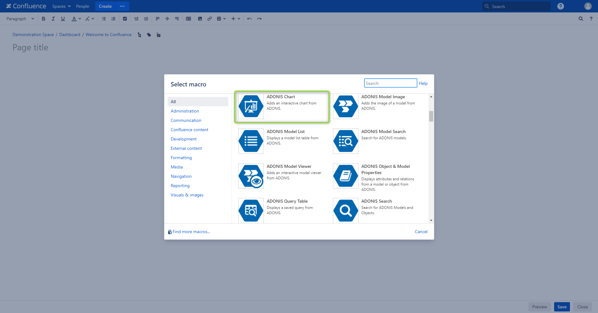 Select ADONIS Chart macro - select macro view in Confluence