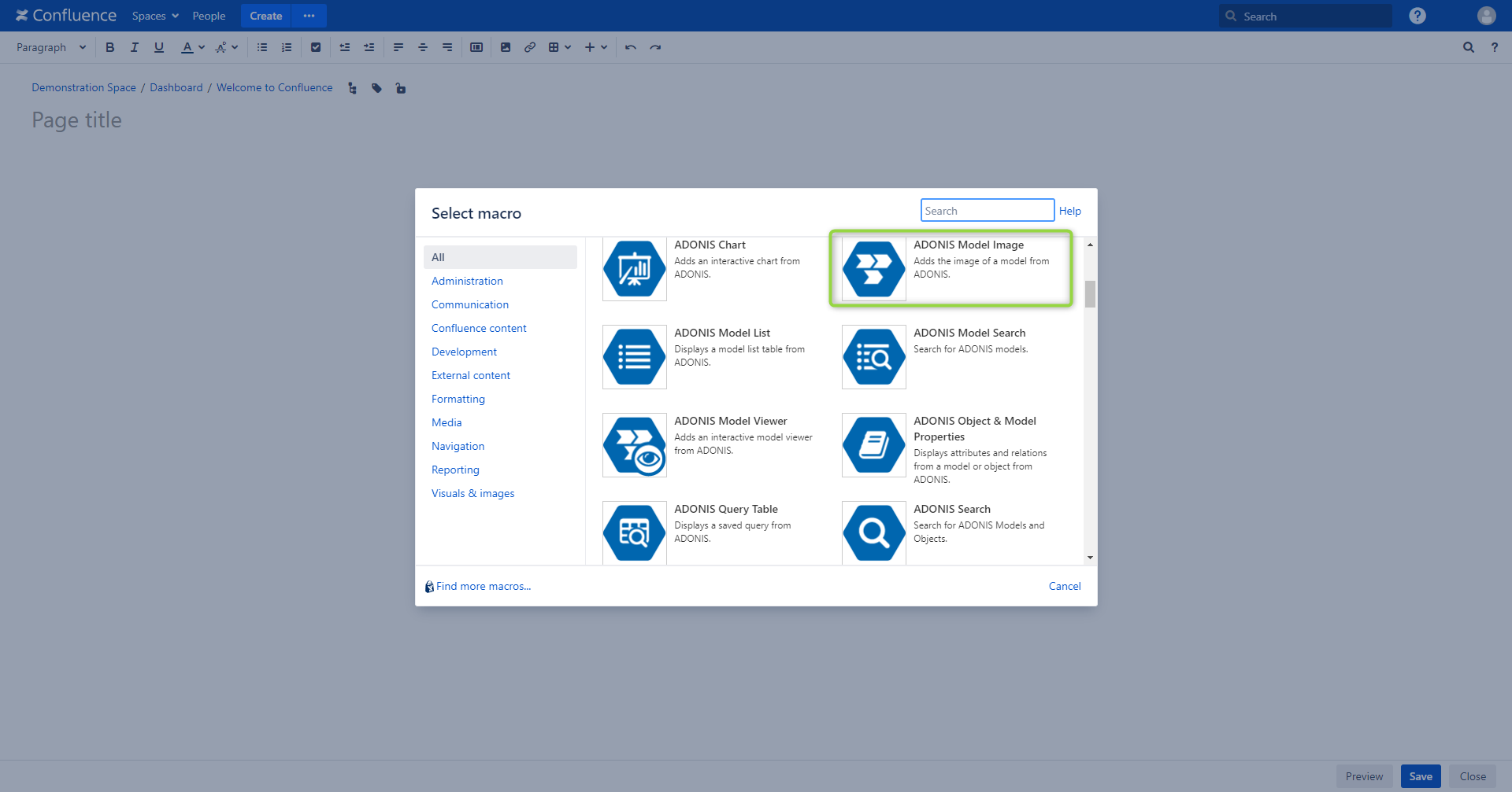 Select ADONIS Model Image macro - select macro view in Confluence