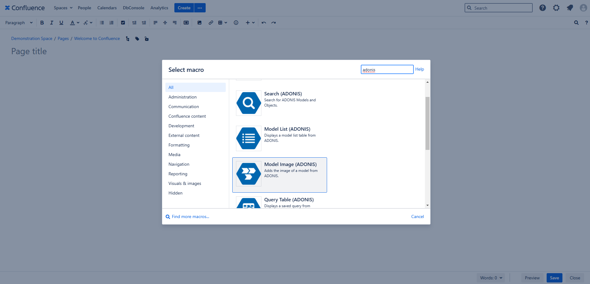 Select ADONIS Model Image macro Select ADONIS Model Image macro - select macro view in Confluence