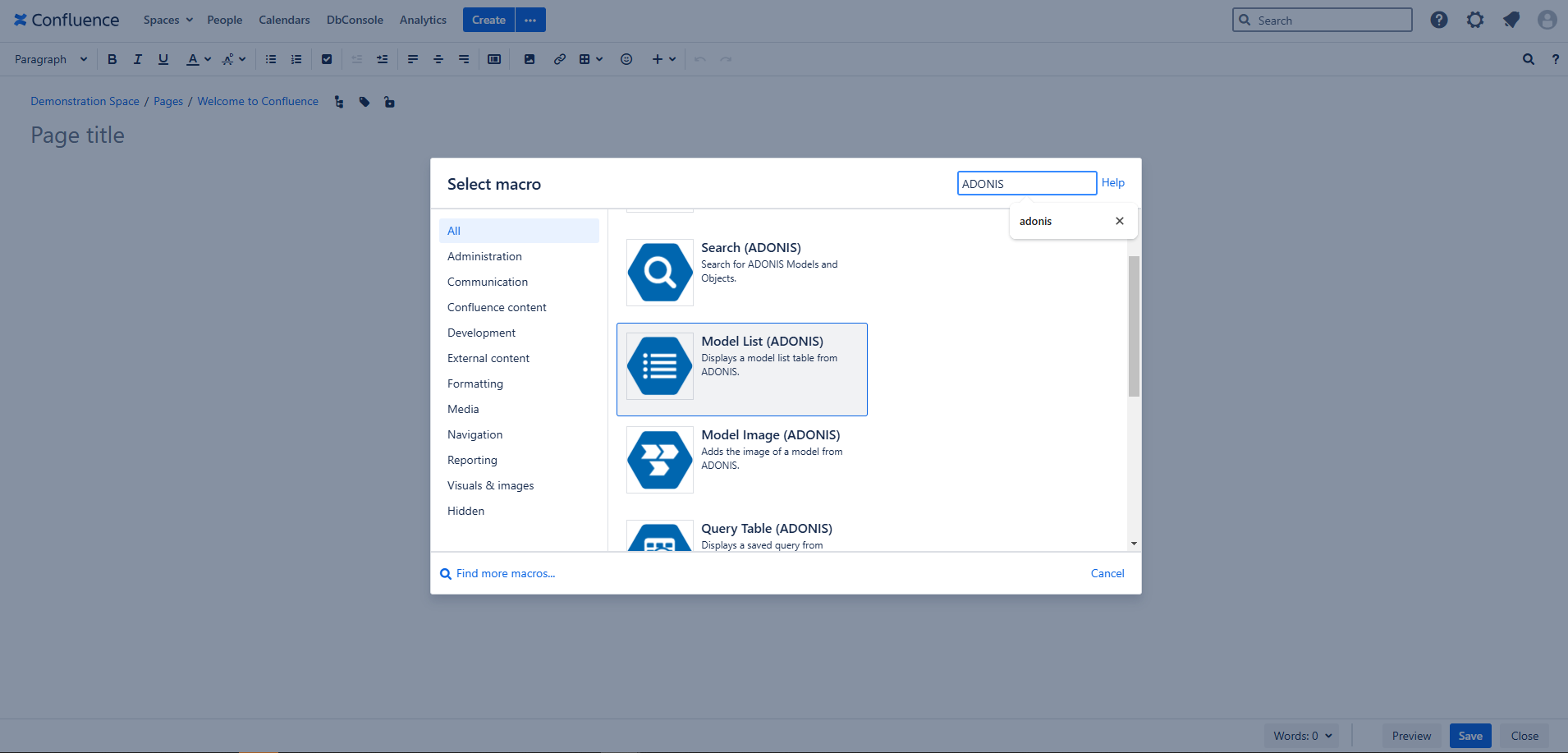 Select ADONIS Model List macro Select ADONIS Model List macro - select macro view in Confluence