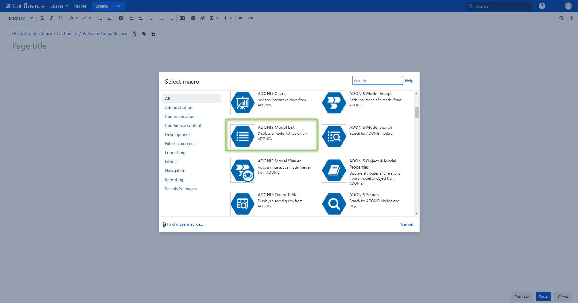 Select ADONIS Model List macro - select macro view in Confluence