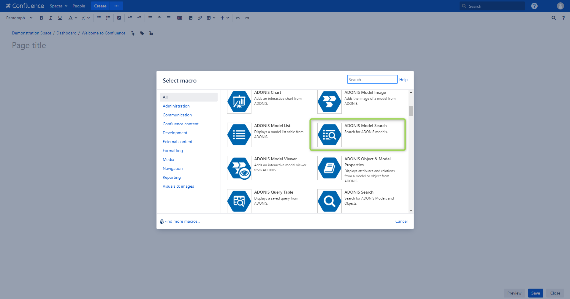 Select ADONIS Model Search macro - select macro view in Confluence