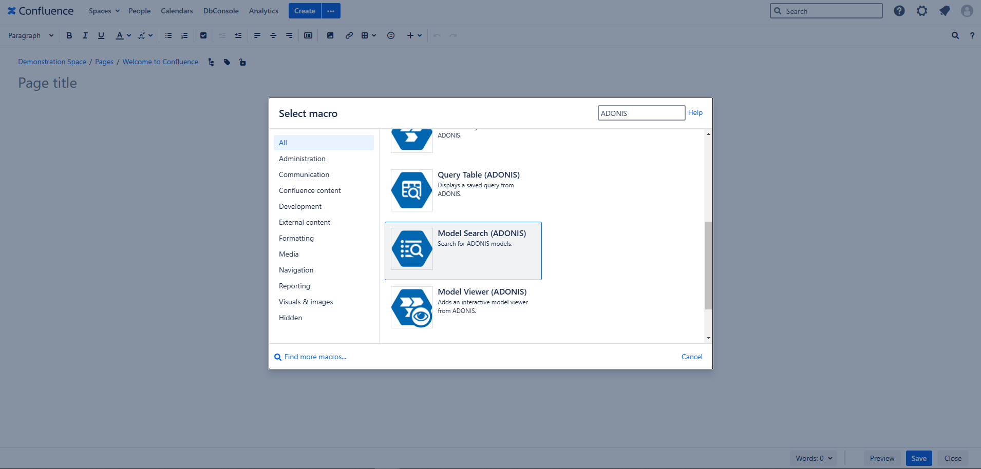 Select ADONIS Model Search macro Select ADONIS Model Search macro - select macro view in Confluence