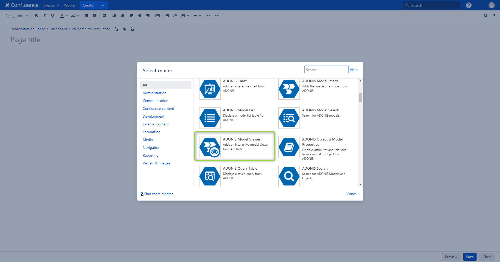 Select ADONIS Model Viewer macro - select macro view in Confluence