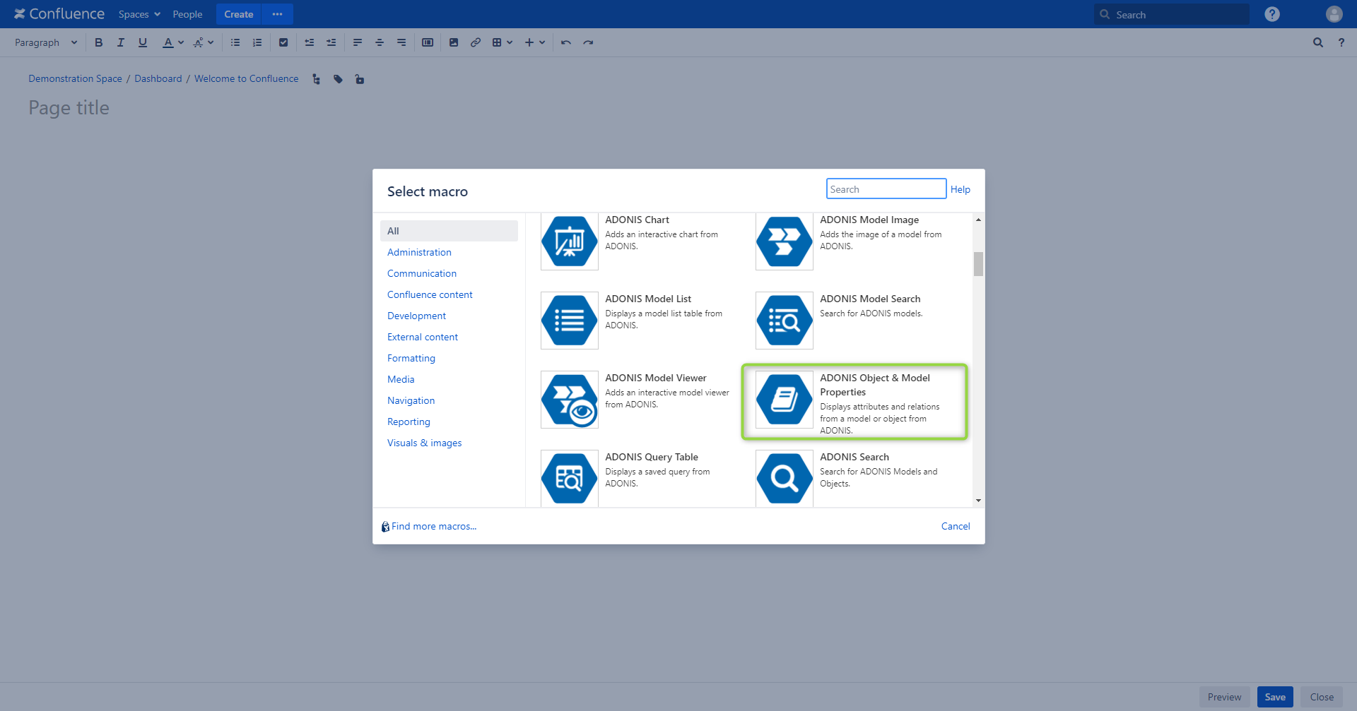 Select ADONIS Object &amp; Model Properties macro - select macro view in Confluence