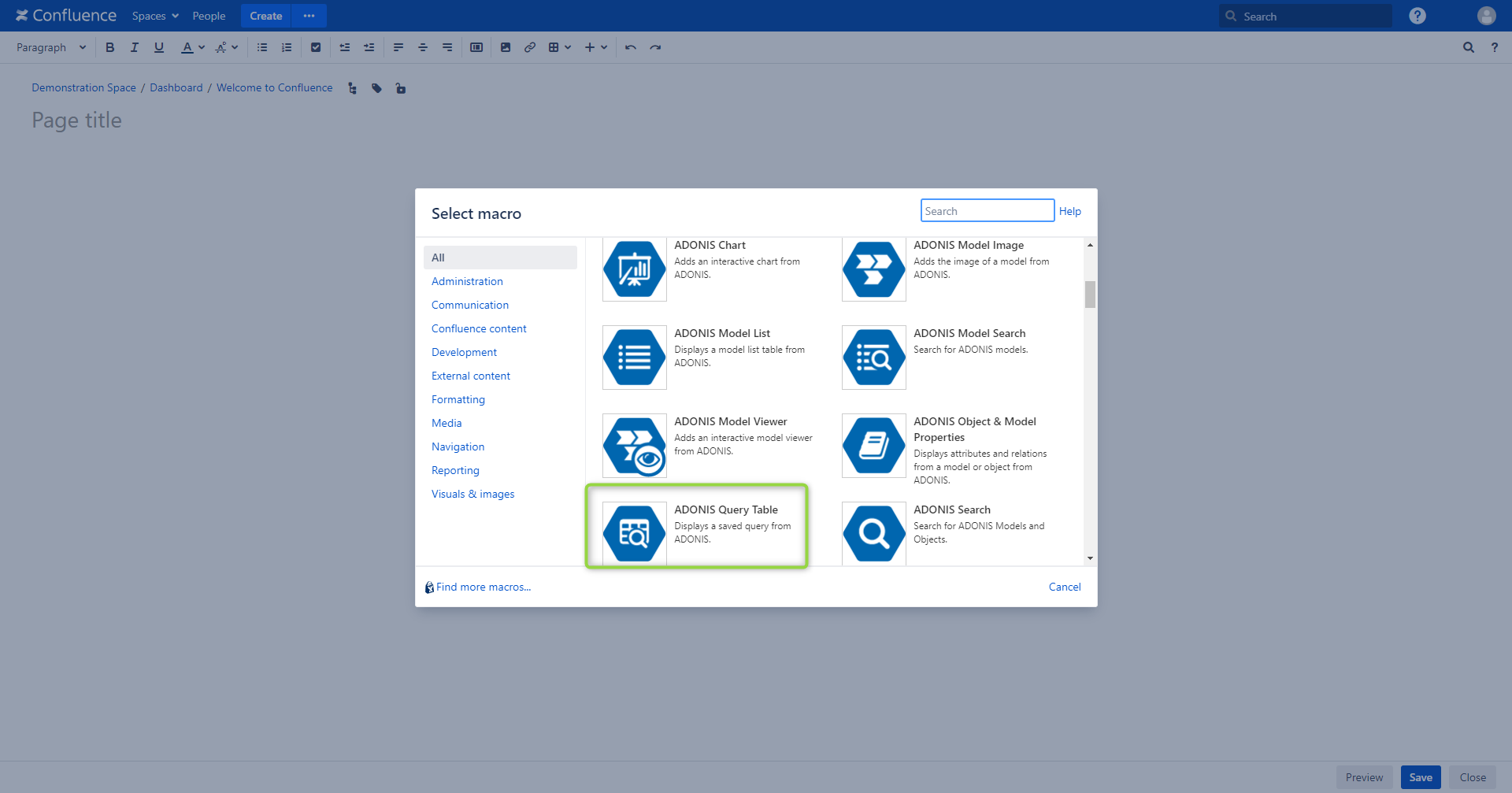 Select ADONIS Query Table macro - select macro view in Confluence