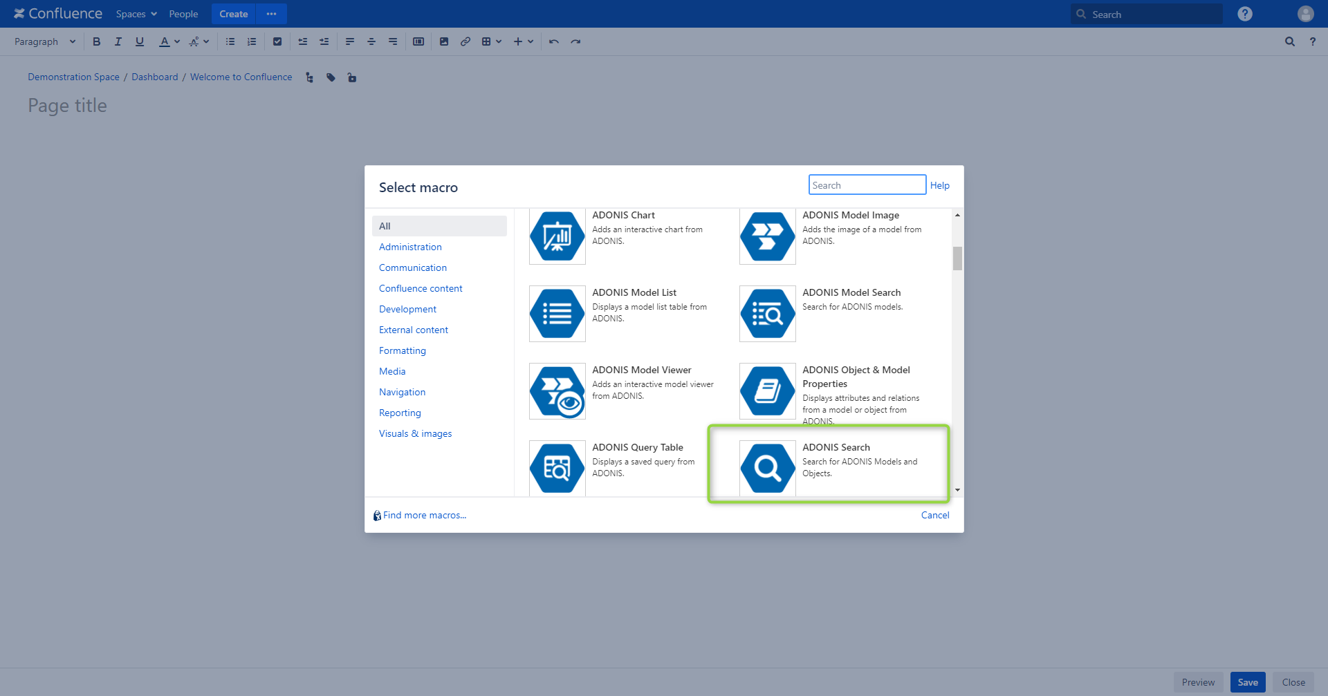 Select ADONIS Search macro - select macro view in Confluence