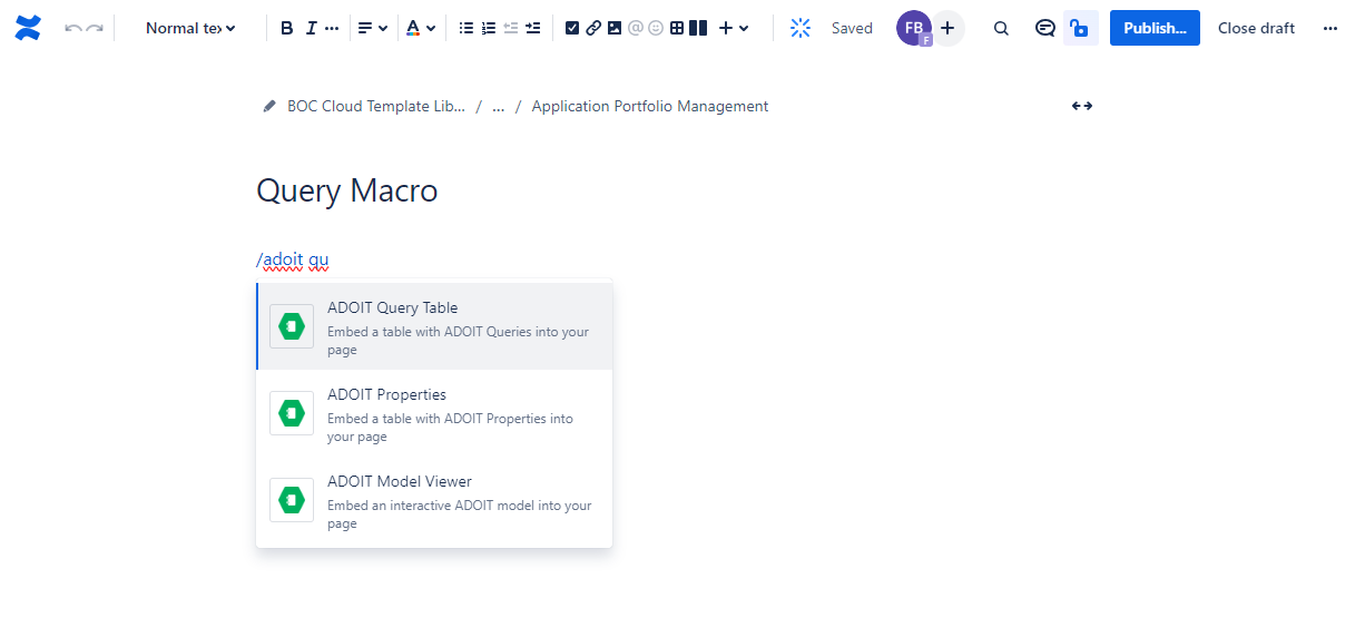 Select ADONIS Query Table macro - select macro view in Confluence