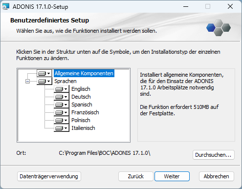  ADONIS installieren (2) – Komponenten auswählen