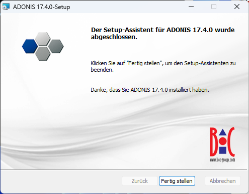  ADONIS installieren (4) – Die Installation war erfolgreich