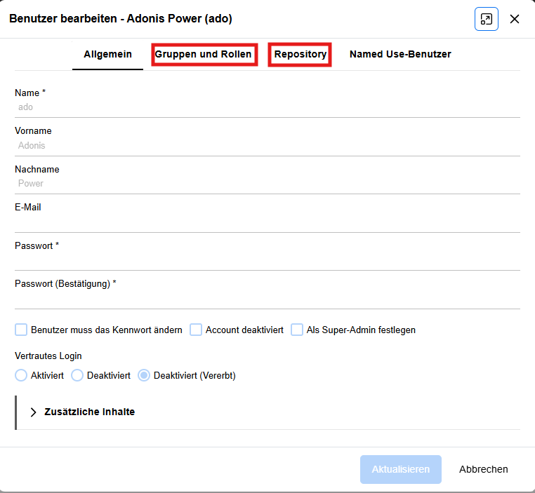 Beispielbenutzer mit Gruppen-, Rollen- und Repository-Zuweisung