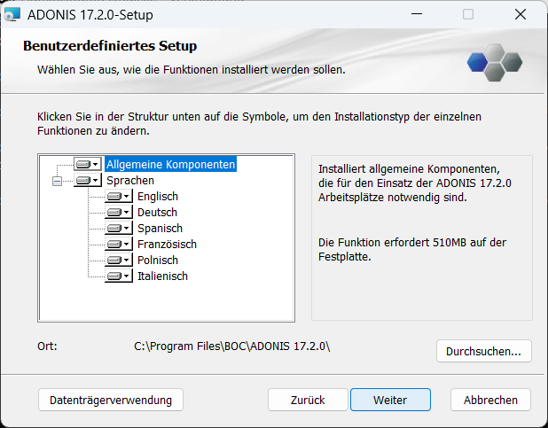  ADONIS installieren (2) – Komponenten auswählen