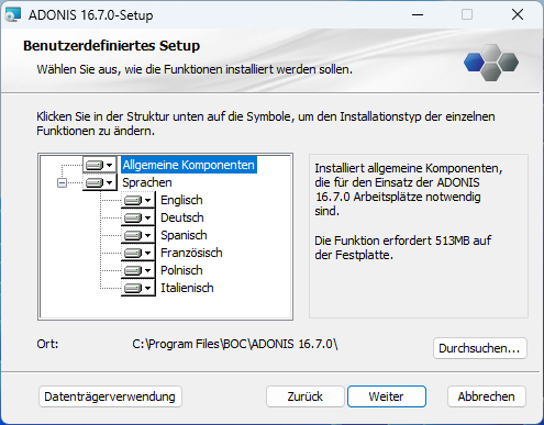  ADONIS installieren (2) – Komponenten auswählen