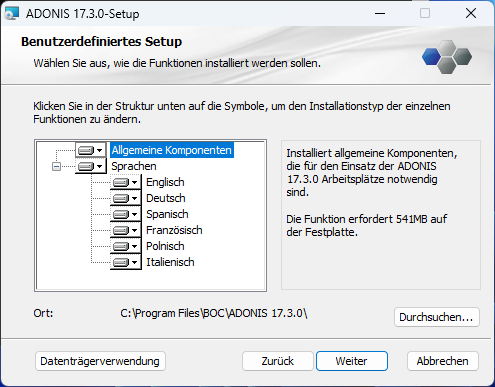  ADONIS installieren (2) – Komponenten auswählen