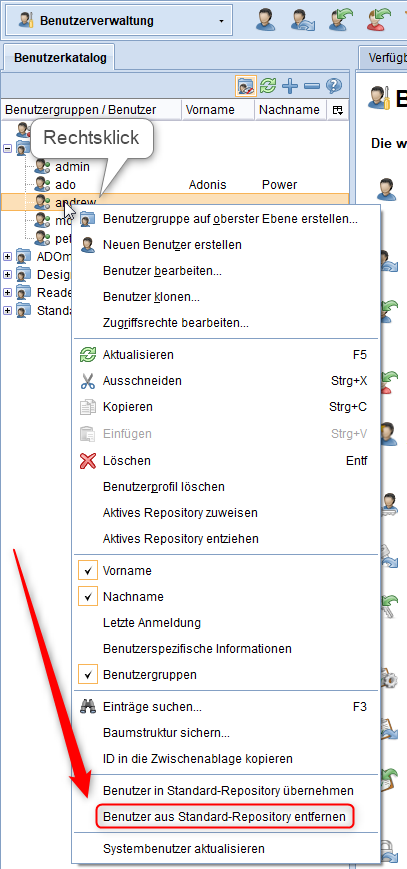 Abbildung zeigt Entfernen des Benutzers aus Repository.